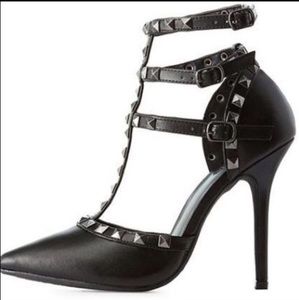 Rockstud Studded Pointed Toe T-Strap Heels